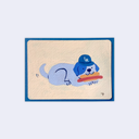 Small painting of a blue dog wearing a Dodgers cap and holding a hot dog in its mouth.
