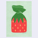 3 color risograph print in green, red and yellow of a piece of strawberry hard candy in its iconic strawberry wrapper. Background is light green.