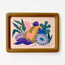Risograph print of various sea plants and sea anemones, with a striped yellow rock in the center. Atop the rock is a small snail and in front is a sea slug.