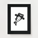 Framed black and white illustration of a fish on a white background