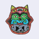 Illustration made with many lines, giving it the feel of a folk art woodcut on a die cut wood panel of a red demon's head, with 2 mouths and the lower mouth has 2 kissing green cute monster characters coming out of it.