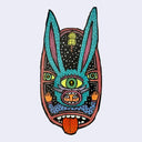 Illustration made with many lines, giving it the feel of a folk art woodcut on a die cut wood panel of a small character wearing a blue rabbit mask with one eye.