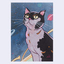 A stylized artwork of a black and white cat with yellow eyes looking up against a starry blue space background with planets.