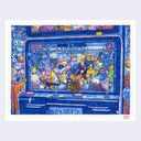 A colorful hand-drawn illustration of a claw machine filled with plush toys, featuring a blue machine body and numerous cute characters inside, presented on a white background.