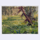 An impressionist landscape painting featuring a prominent leaning tree trunk in the foreground, surrounded by lush green foliage and grassy fields under soft, hazy light. 