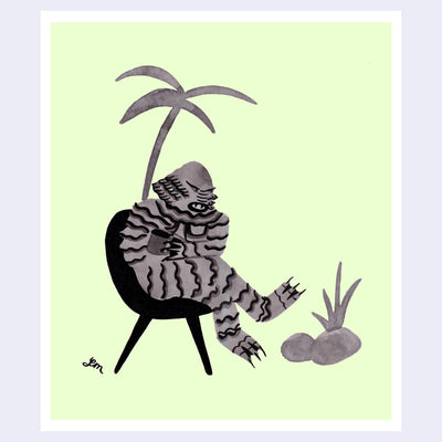 Illustration of a gray monster lounging in a chair drinking coffee in front of a palm tree.