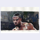 Painting of a film still from Creed of Michael B Jordan in a fighting stance with a serious expression.