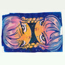 Painting on cut canvas paper of 2 girls, seen close up and connected by their braids. They have stoic expressions though they both tear up.