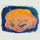 Painting on cut canvas paper of a girl with jelly like hair, orange and pink in coloring and slightly see through.