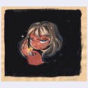 Painting of a girl mostly in shadow, lighting a cigarette.