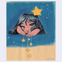 Painting of a girl with her hands mostly covered by her own hair, with stars on strings hanging down from her fingers like a mobile.