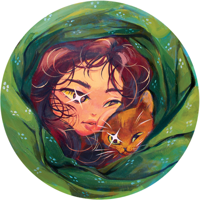 Painting on a circular panel of a girl's face smooshed against the head of a cat. They are wrapped up in a green blanket and both have sparkles in their eyes.