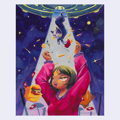 Painting of a tan girl with large, glazed over eyes. She wears a pink sweater and has her arms raised. Above her, a french bulldog is being abducted into a UFO, with a burger, fries and ketchup packets strewn about by being raised upwards.