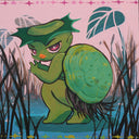 Painting on panel of a green cartoon kappa turtle character with pink anime style eyes, crouching and looking over its back. It stands in a grassy bog area.