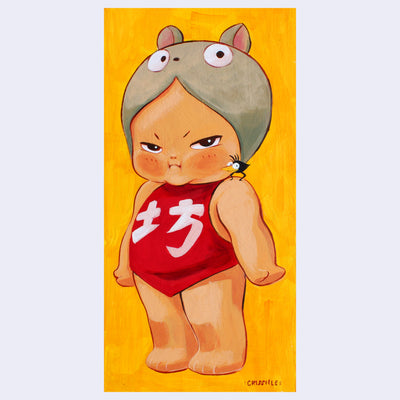 Painting of a chubby, cute baby with a stern expression. It wears a red shirt on its body and has a mouse hat covering the top of its head. A small bird sits atop its shoulder.