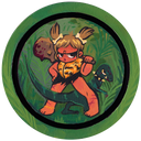 Painting on circular panel of a cartoon style tan cave woman, with a bloody club over her shoulders and bone hair clips for her pig tails. She has a sassy expression and a small green raptor with a spiked collar stands in between her legs.