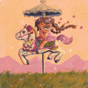 Painting of a small girl with long brunette braids riding atop a pony attached to a singular carousel. It sits in an open grassy field at sunset, with an orange sky and pink shaded mountains. 