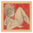 Illustration on tan toned paper of a girl, in a t-shirt and underwear lounging on the ground with a red background, looking over her shoulder.
