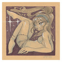 Illustration on tan toned paper of a girl in her bra and jean cut off shorts, laying on the ground against a dark purple background. 