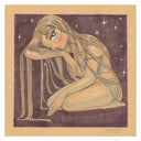 Illustration of a girl with very long hair, sitting on the ground and resting her head on her arm, with her hair pouring over her arm.