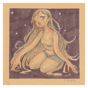 Illustration on tan toned paper of a girl in a tank top and underwear, sitting on the ground and winking.
