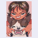 Painting of a girl with short brown hair posing in front of a brown and white French bull dog and pulling back the dog's lips, revealing its teeth. She also bares her teeth. 