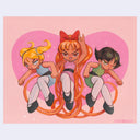 Painting of the Powerpuff Girls, in a different style made to look slightly more human though still with cartoon features. Blossom is in the middle with super long hair, which curls at the bottom like tentacles.