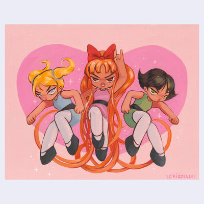 Painting of the Powerpuff Girls, in a different style made to look slightly more human though still with cartoon features. Blossom is in the middle with super long hair, which curls at the bottom like tentacles.