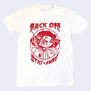 Off white t-shirt with a red illustrated graphic of a girl holding a knife and pointing a finger. Text around reads "Back off / Stay Away"