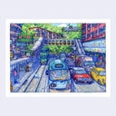 A colorful illustrated city street scene with a blue bus, tram tracks, escalators, cars, buildings, and green trees.