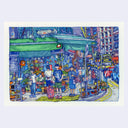 A watercolor illustration depicting a vibrant, colorful street market scene with people, market stalls, and a busy urban environment, presented on a light gray background.