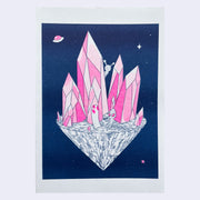 Print of a small alien sitting on a floating island with large pink crystals.