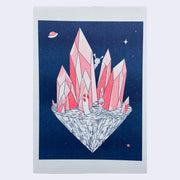 Print of a small alien sitting on a floating island with large red crystals.