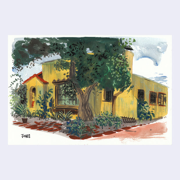 Plein air painting of a yellow Spanish style house with brick entryway and a large tree covering part of the house's front. It has small bushes in the yard.