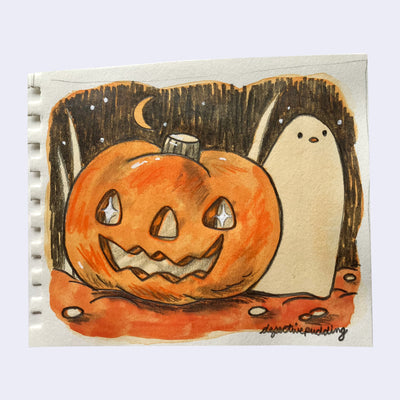 Sketch of an orange jack o lantern next to a small ghost.