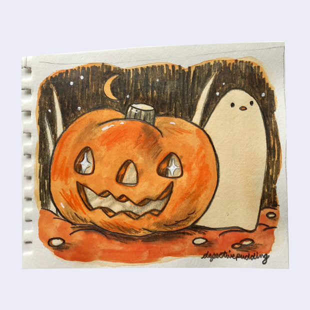 Sketch of an orange jack o lantern next to a small ghost.