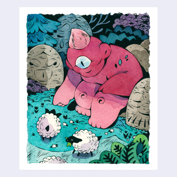 Watercolor illustration of a red, friendly looking cartoon cyclops leaning down and extending a hand to fluffy grazing sheep. Large stone statues surround.