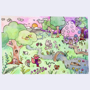Illustration of a grassy field area with animals living as people - a fox walks with a basket, bunnies sleep and pick mushrooms and small animals live in a mushroom house. A river flows through the scene and an otter floats in it.
