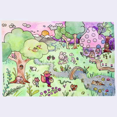Illustration of a grassy field area with animals living as people - a fox walks with a basket, bunnies sleep and pick mushrooms and small animals live in a mushroom house. A river flows through the scene and an otter floats in it.
