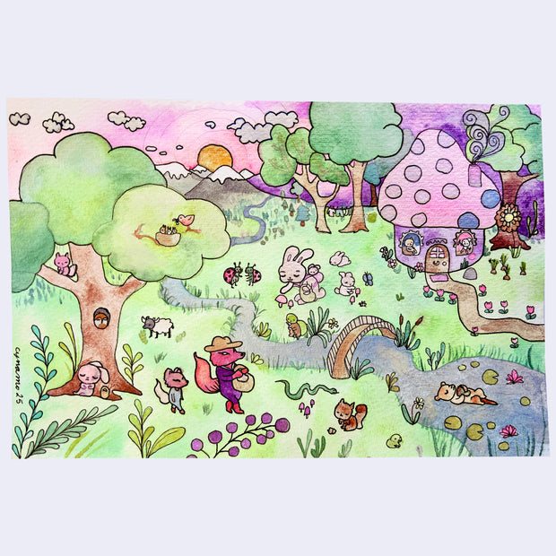 Illustration of a grassy field area with animals living as people - a fox walks with a basket, bunnies sleep and pick mushrooms and small animals live in a mushroom house. A river flows through the scene and an otter floats in it.