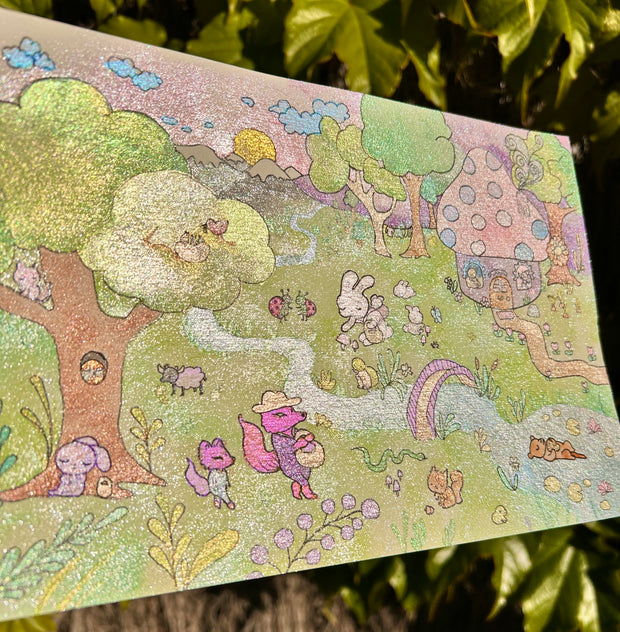 Illustration of a grassy field area with animals living as people - a fox walks with a basket, bunnies sleep and pick mushrooms and small animals live in a mushroom house. A river flows through the scene and an otter floats in it.
