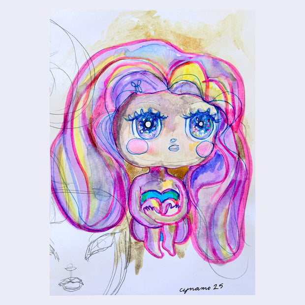 Illustration of a character with a very large head and flowing pink, purple and yellow hair. It has glittery eyes and sits with its knees pulled into its chest.