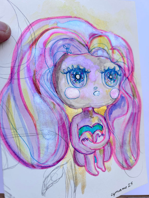 Illustration of a character with a very large head and flowing pink, purple and yellow hair. It has glittery eyes and sits with its knees pulled into its chest.