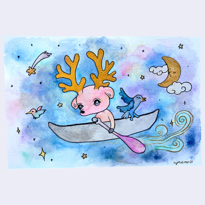 Illustration of a pink deer with large gold antlers, inside of a canoe atop of galactic looking blue and purple water.