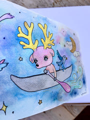 Illustration of a pink deer with large gold antlers, inside of a canoe atop of galactic looking blue and purple water.