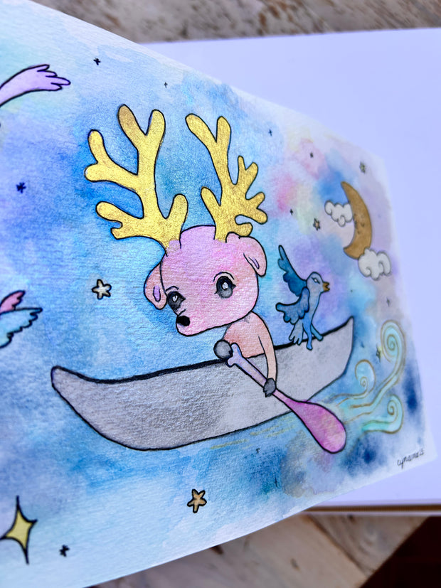 Illustration of a pink deer with large gold antlers, inside of a canoe atop of galactic looking blue and purple water.