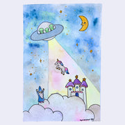 Illustration of a unicorn getting abducted by an alien UFO from a princess castle. Clouds obscure the castle and a wizard stands on the clouds.