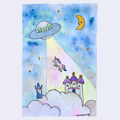Illustration of a unicorn getting abducted by an alien UFO from a princess castle. Clouds obscure the castle and a wizard stands on the clouds.