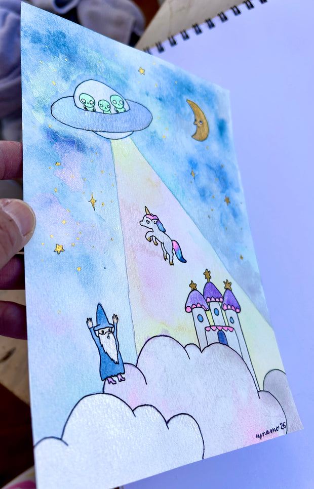Raku (Mini) Gaki - Cynara Mori - "Unicorn Alien Abduction"