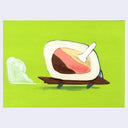 Illustration of a speeding cartoon pick-up truck, carrying a container of Duvalín, a popular Mexican candy of 3 color frosting-like candy.